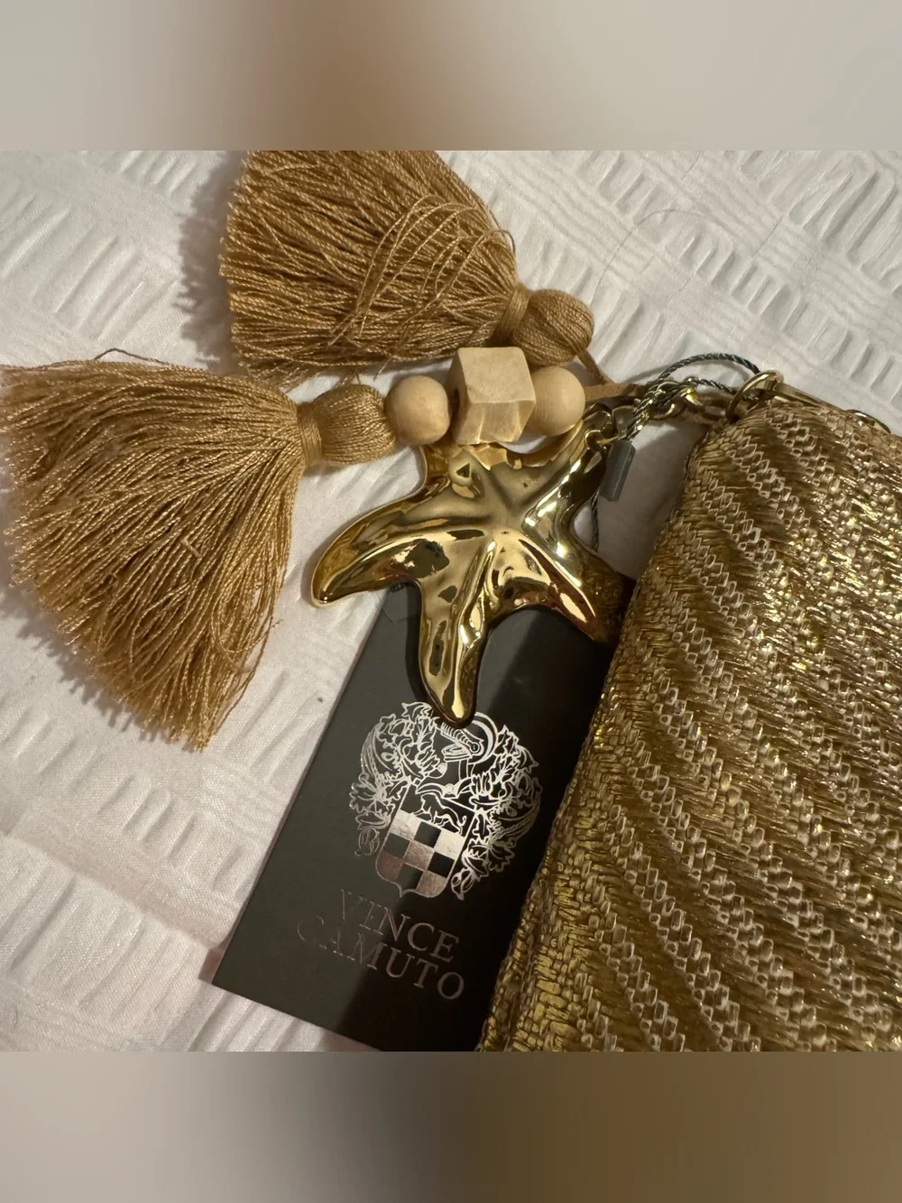 Vince Camuto Gold Metallic Makeup Pouch Clutch Bag NWT Starfish Tassel